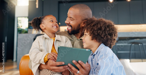 Foto Laughing, movie and tablet with family in living room of home for bonding, entertainment or love