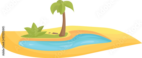 Small tropical oasis with river flowing through a hot and arid desert landscape