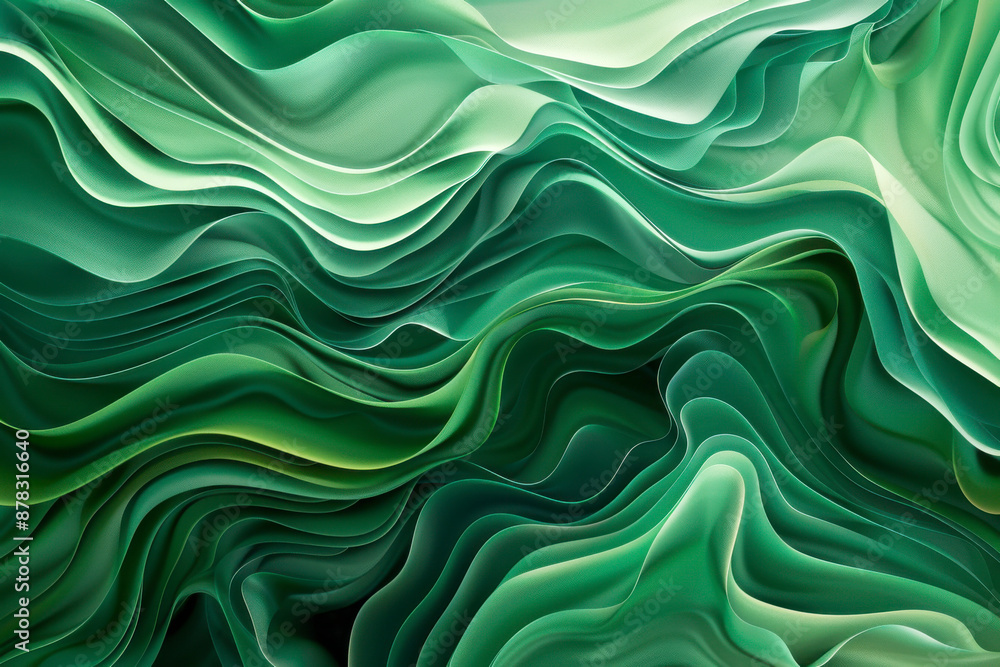 Obraz premium An abstract background featuring flowing wave patterns in various shades of green, creating a serene and tranquil visual effect reminiscent of nature and fluidity.