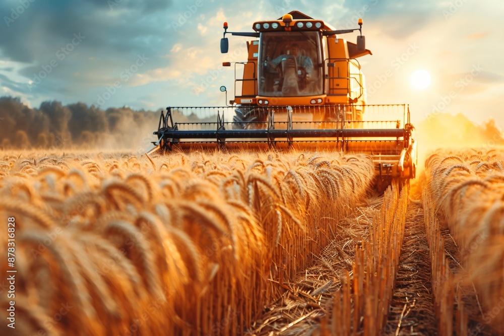 Fototapeta premium Golden Wheat Harvest at Sunset with Combine Harvester
