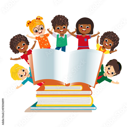 children different nationalities around book, reading big books