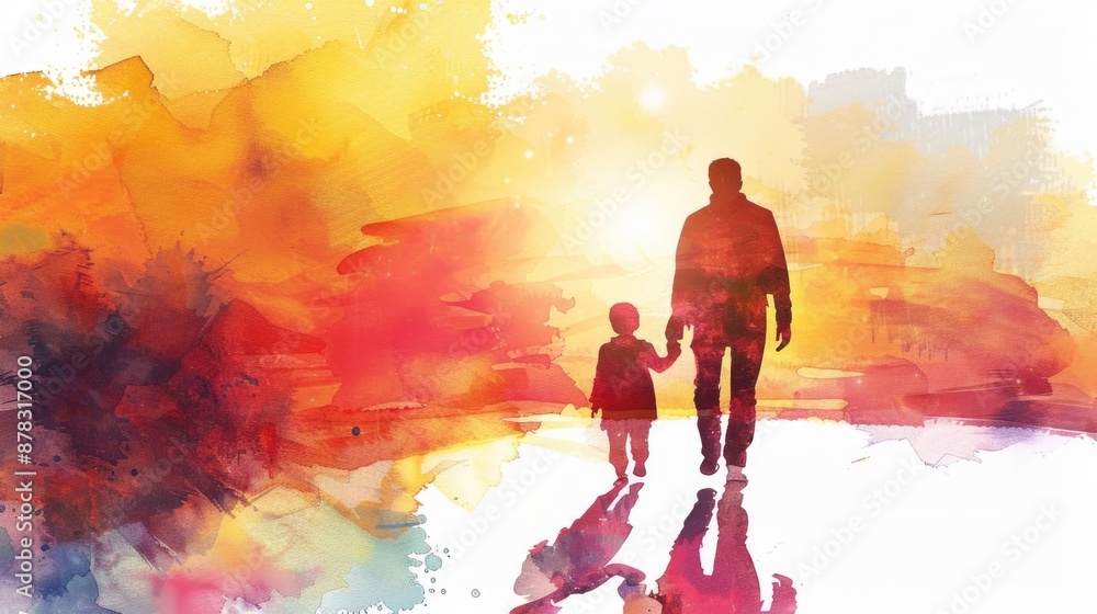 Fototapeta premium Embracing Love: Silhouettes of Parent and Child Walking Towards Bright Future in Abstract Watercolor Illustration