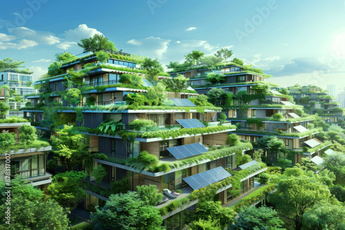 A futuristic residential complex featuring multi-level green terraces, abundant vegetation, and solar panels on rooftops, blending modern architecture with nature. photo