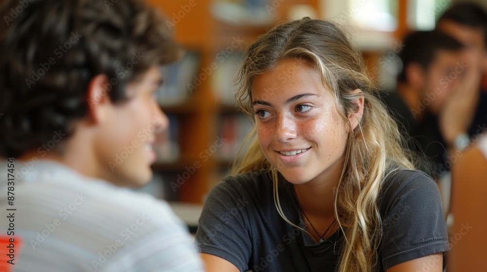 Two students engaged in a lively discussion in a classroom setting, fostering communication and learning. Two students engaged in a lively discussion in a classroom setting, fostering communication and learning.