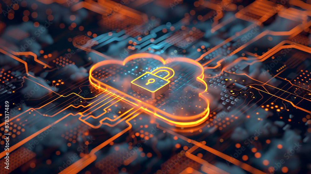Abstract illustration of cloud security services, stylized cloud icon integrated with a secure padlock symbol, representing data protection and cybersecurity in cloud computing environments Abstract illustration of cloud security services, stylized cloud icon integrated with a secure padlock symbol, representing data protection and cybersecurity in cloud computing environments