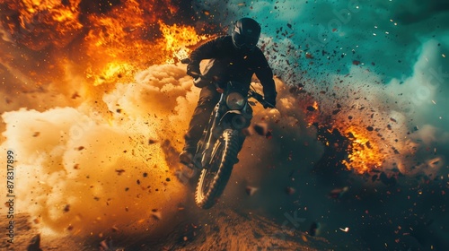 Escaping the Firestorm - Man performs daring bike stunt to flee from exploding danger in intense action movie scene.