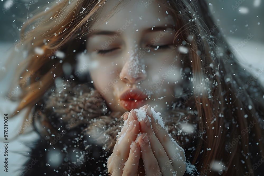 Fototapeta premium Young Woman Enjoying a Snowy Winter Day