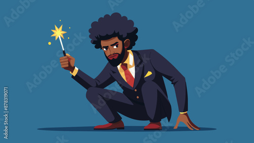 A Black man with a full afro beard in his 20s, dressed in a stylish suit and tie, kneeling on one knee with a determined expression.
