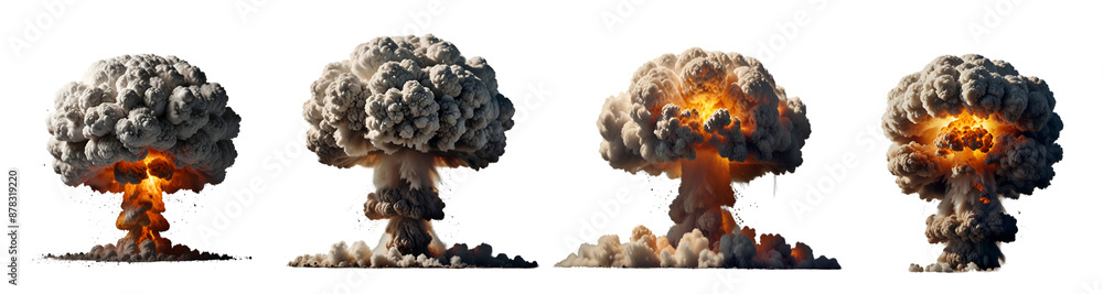 Obraz premium Set of nuclear explosions and mushroom cloud isolated on transparent background - Generative AI