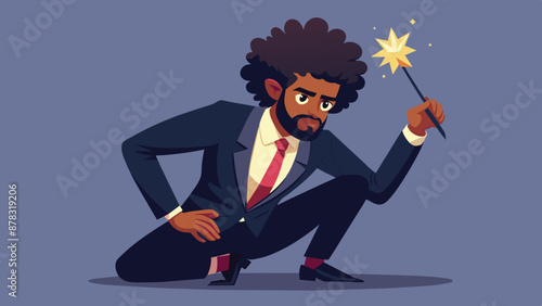 A Black man with a full afro beard in his 20s, dressed in a stylish suit and tie, kneeling on one knee with a determined expression.
