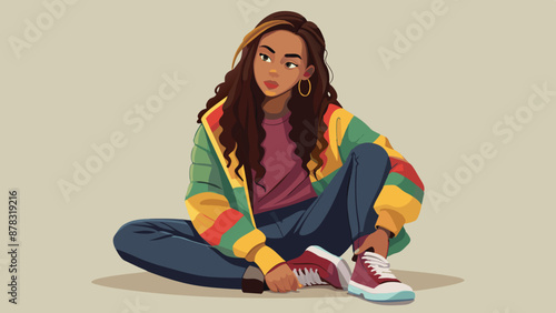 A Latina teenager with long, dark brown hair in braids, wearing a colorful bomber jacket and ripped jeans, sitting cross-legged
