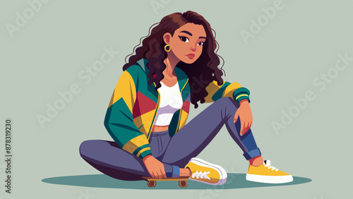 A Latina teenager with long, dark brown hair in braids, wearing a colorful bomber jacket and ripped jeans, sitting cross-legged
