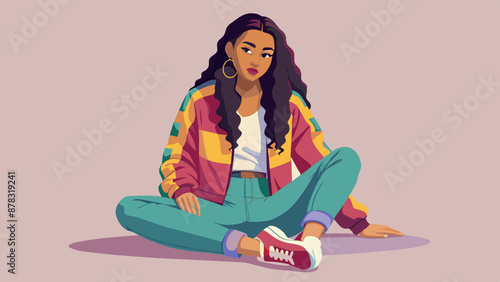 A Latina teenager with long, dark brown hair in braids, wearing a colorful bomber jacket and ripped jeans, sitting cross-legged
