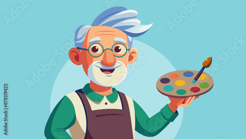A European man with a receding hairline in his 60s, dressed in a painter's overalls, holding a paintbrush in one hand and a palette in the other, standing with a proud smile.
