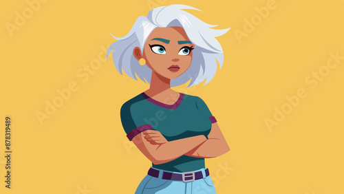 A Latina woman with short, platinum blonde hair, wearing a leather jacket and ripped jeans, standing with her arms crossed and a rebellious look.

