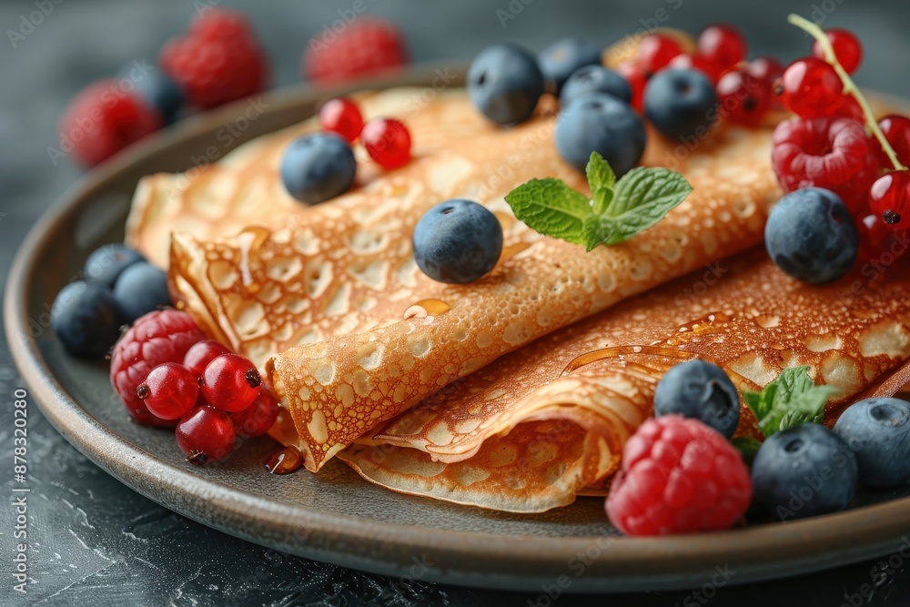 A plate of traditional Russian pancakes, oladyi, served with honey and fresh berries. A plate of traditional Russian pancakes, oladyi, served with honey and fresh berries.