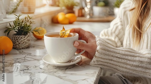 Person enjoying a cup of tea in a clutter-free kitchen, symbolizing tranquility in minimalism