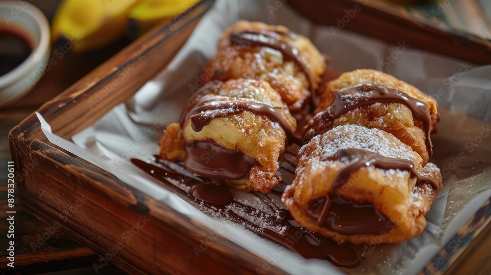 Deep fried banana and chocolate combo in flour sheets displayed on a wooden tray with paper underneath in different angles Photos Deep fried banana and chocolate combo in flour sheets displayed on a wooden tray with paper underneath in different angles Photos