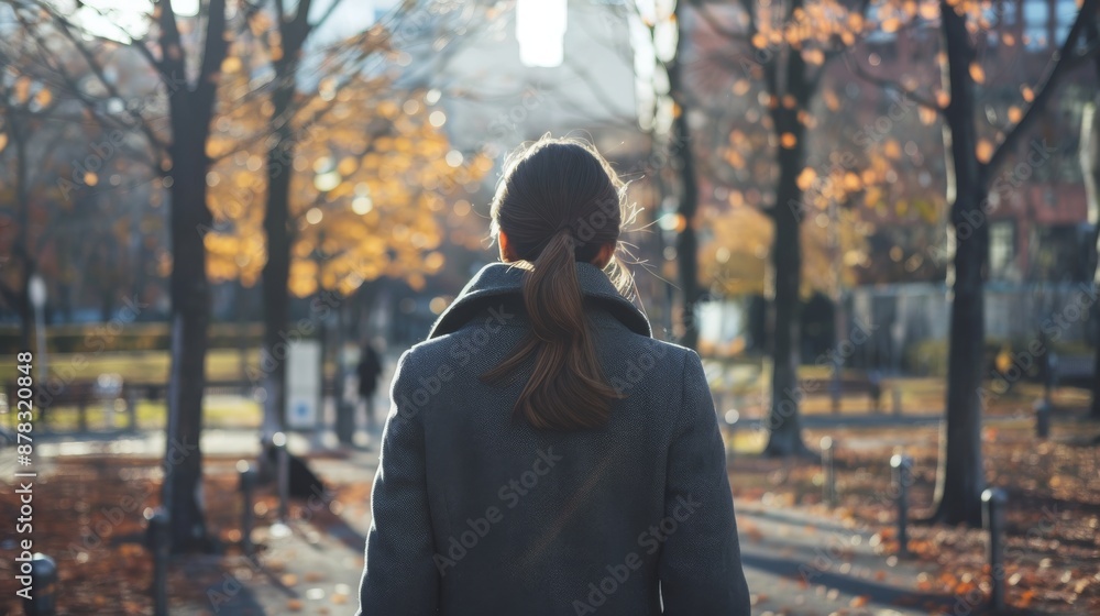 woman in her late thirties walking through the park on an autumn day wearing a gray coat and looking pensive woman in her late thirties walking through the park on an autumn day wearing a gray coat and looking pensive