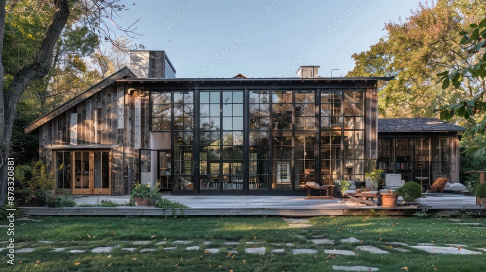 Suburban farmhouse with a contemporary art studio in the backyard, featuring large windows and a rustic exterior Suburban farmhouse with a contemporary art studio in the backyard, featuring large windows and a rustic exterior