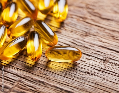Fish oil capsules on wooden background, vitamin D supplement  © Sam