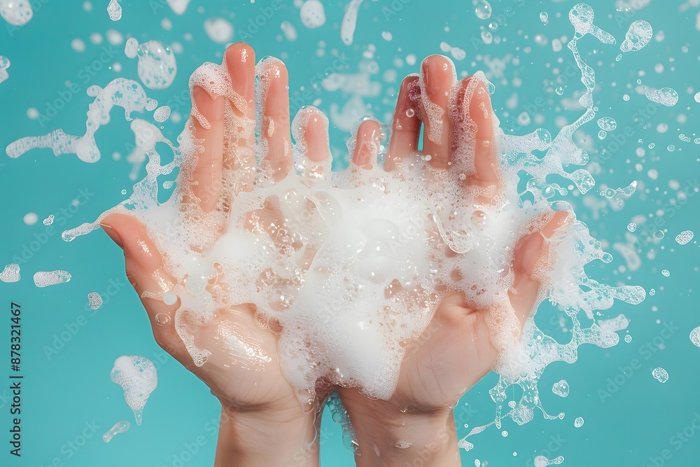 Fototapeta premium Hands Covered in Soapy Bubbles Against a Blue Background
