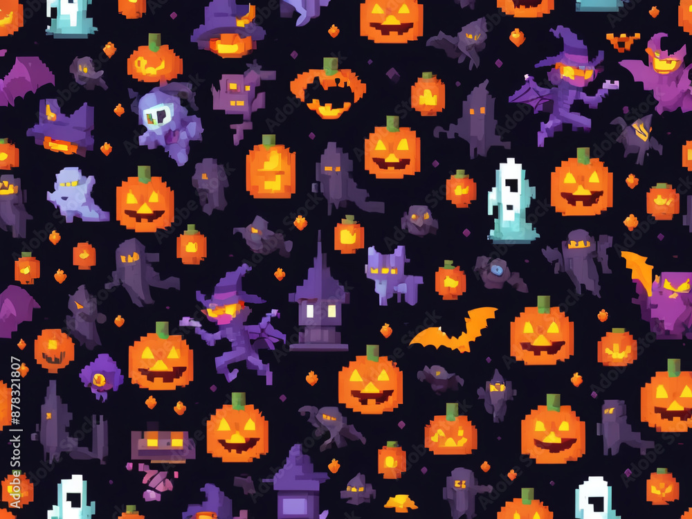Halloween pattern sweets candle witch pumpkin pixel art 8bit. AI generated Halloween pattern sweets candle witch pumpkin pixel art 8bit. AI generated