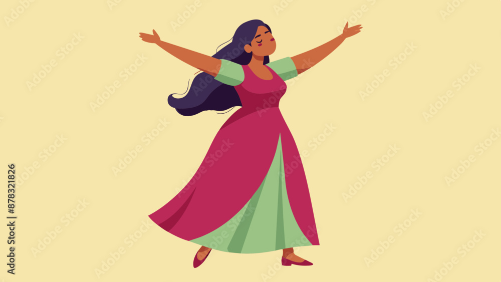 A Indian woman with a curvy figure, wearing a flowing maxi dress, standing with her arms outstretched and a look of liberation.
A Indian woman with a curvy figure, wearing a flowing maxi dress, standing with her arms outstretched and a look of liberation.