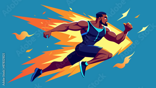 A Black man with a muscular build, dressed in athletic wear, leaping through the air with a determined expression.
