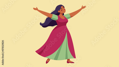A Indian woman with a curvy figure, wearing a flowing maxi dress, standing with her arms outstretched and a look of liberation.
