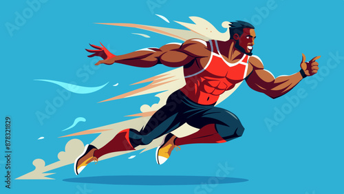 A Black man with a muscular build, dressed in athletic wear, leaping through the air with a determined expression.
