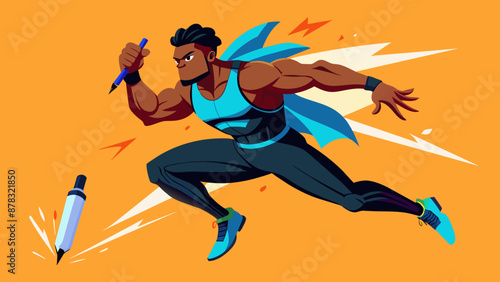 A Black man with a muscular build, dressed in athletic wear, leaping through the air with a determined expression.
