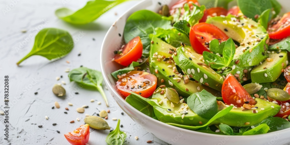 Vibrant Fresh Green Salad with Avocado, Tomatoes, and Seeds on Bright Background Vibrant Fresh Green Salad with Avocado, Tomatoes, and Seeds on Bright Background