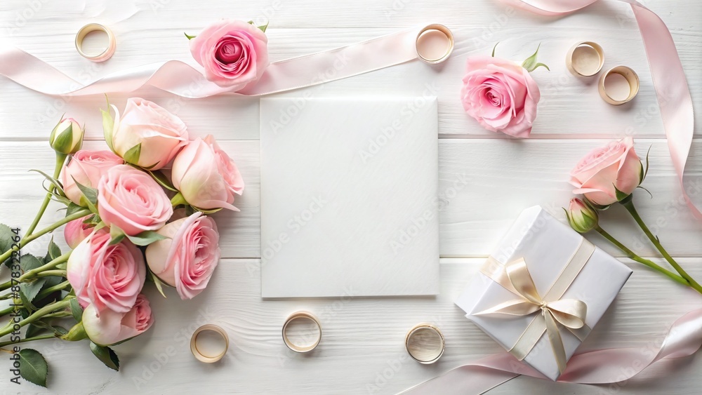 Blank Wedding Invitation Cards with Roses on White Table Top View Mockup Blank Wedding Invitation Cards with Roses on White Table Top View Mockup