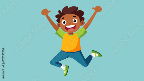 A mixed-race teenager with a look of excitement, jumping for joy with their arms raised in the air.
