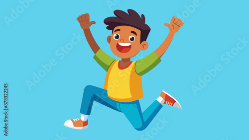 A mixed-race teenager with a look of excitement, jumping for joy with their arms raised in the air.
