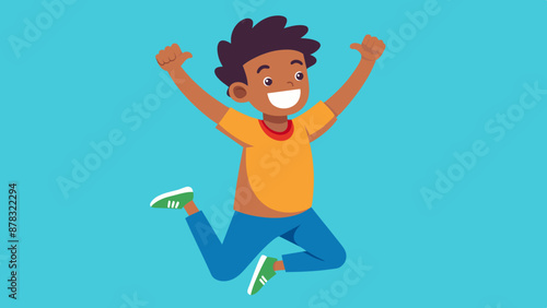 A mixed-race teenager with a look of excitement, jumping for joy with their arms raised in the air.
