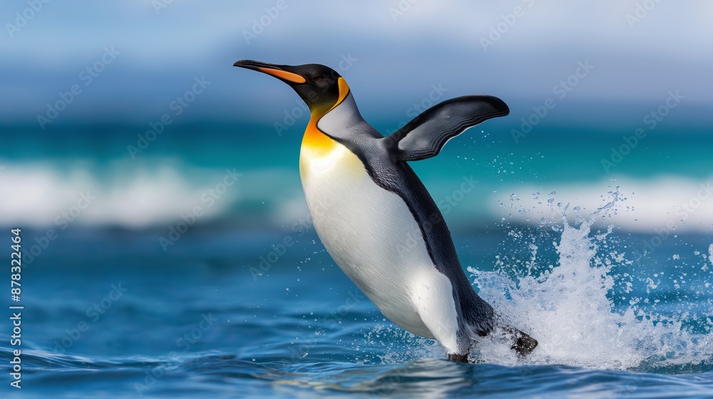 Fototapeta premium A penguin is jumping into the water. The water is blue and the penguin is surrounded by grass