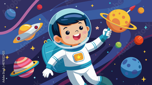 A young East Asian child dressed as an astronaut, floating in space and holding a planet model.

