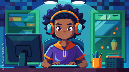 A mixed-race teenager dressed as a gamer, sitting at a computer with a headset and a focused look.
