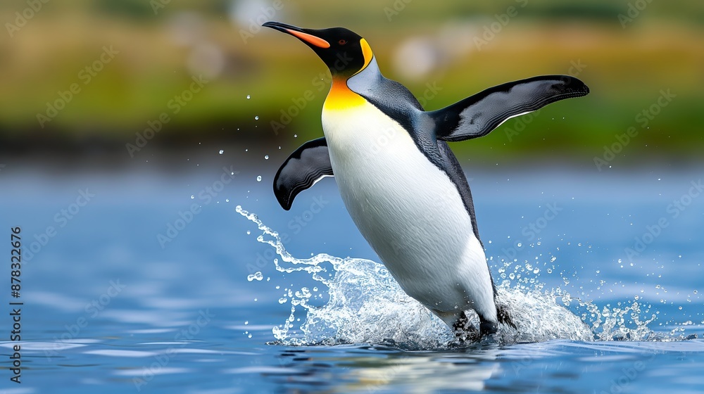 Obraz premium A penguin is jumping into the water. The water is blue and the penguin is surrounded by grass