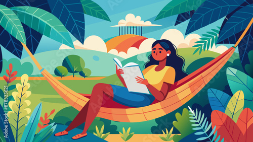 A Latina woman relaxing in a hammock with a book, enjoying a peaceful moment.
