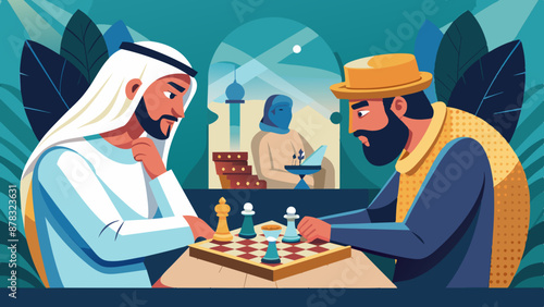 A Middle Eastern man playing chess with a friend, both deep in thought and strategy.
