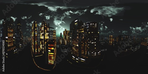 Night city, Cityscape, Environment map. HDRI map. Equirectangular projection. Spherical panorama., 3D rendering photo