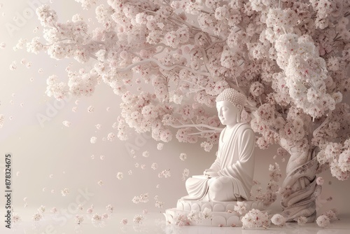 A statue of a Buddha with cherry blossom tree