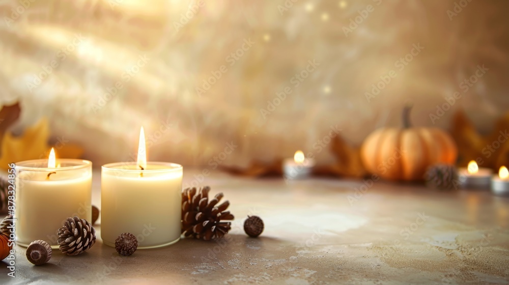 Warm Autumn Ambiance with Lit Candles and Pumpkin Decor Warm Autumn Ambiance with Lit Candles and Pumpkin Decor