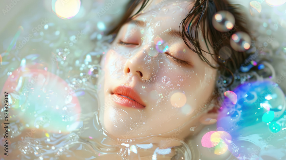 Fototapeta premium Korean beautiful woman, with her eyes closed, lying in the bathtub with light glowing around her face, her beautiful skin texture shining through the water