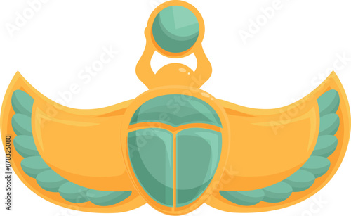 Ancient egyptian golden scarab amulet holding a sun disk with its front legs and spreading its decorated wings