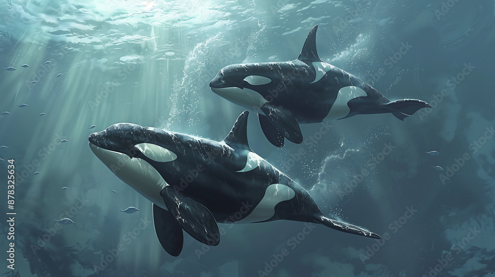 Obraz premium Orca or killer whale traveling on pacific ocean off the east coast of the north island, The orca whale is the largest species in Delphinidae.