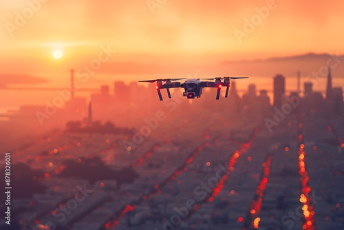 Drone Flying Over a Cityscape at Sunset